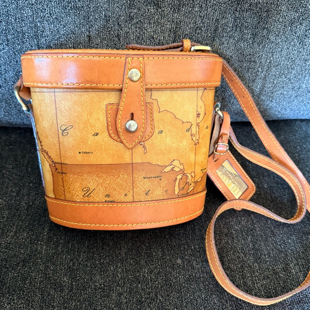 Alviero Martini Binocular Style Map Print Leather Crossbody Bag